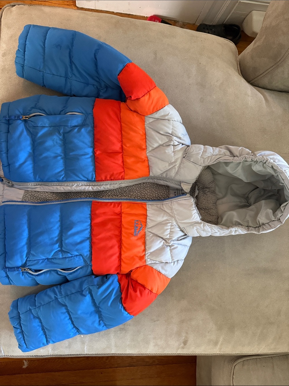 L.L. Bean Kids Colorblock Hooded Puffer Jacket - Blue, Orange & Light Gray